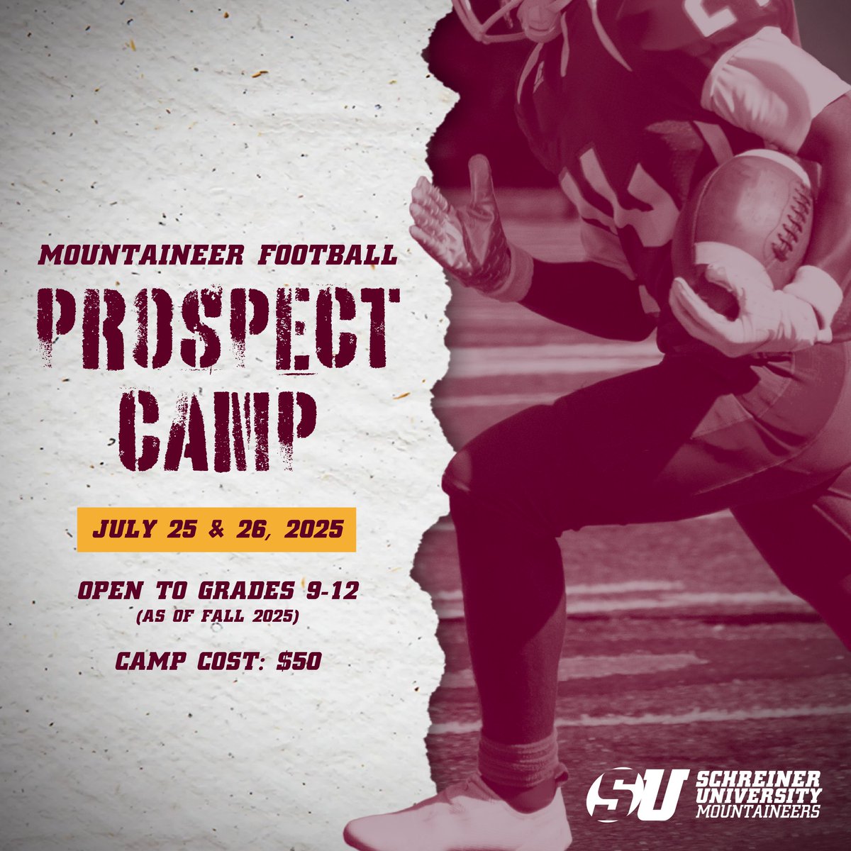 🏈 Schreiner Football Prospect Camps
📅 July 25 &amp; 26 | Kerrville, TX
Ready to compete, improve, and get noticed? Join us in the Texas Hill Country and show what you’ve got! 💪🔥
👉 Register now: sufootball.ryzerevents.com

#TPW #SchreinerFootball #MountaineerPride #TexasFootball