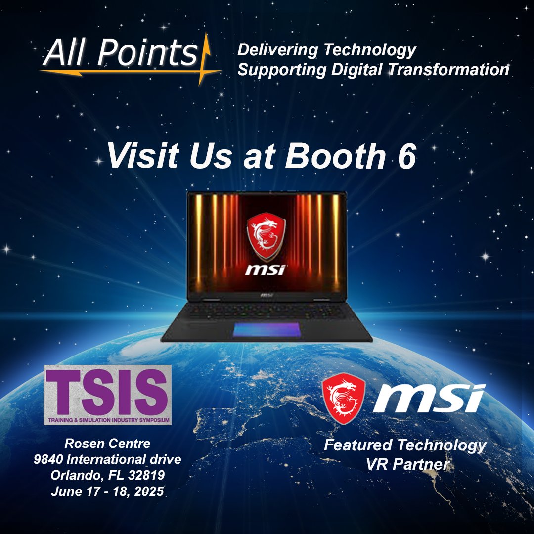 Heading to #TSIS2025 in #OrlandoFL? Visit All Points at Booth 6 to see the latest tech from our VAR partner <a href="/msitweets/">MSI</a>—including high-end workstations, rugged tablets, and edge devices built for the Modeling, Simulation &amp; Training industry.#DefenseTech #MSI #AllPoints #Simulation