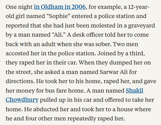 If all 4 billion living women were each forced to interact with 3 random White European men, there’s a 99.6% chance that none would encounter 3 rapists in a row. 

Yet, in a UK town of only 260,000, this unlikely event occurred. 
This points to a community issue.