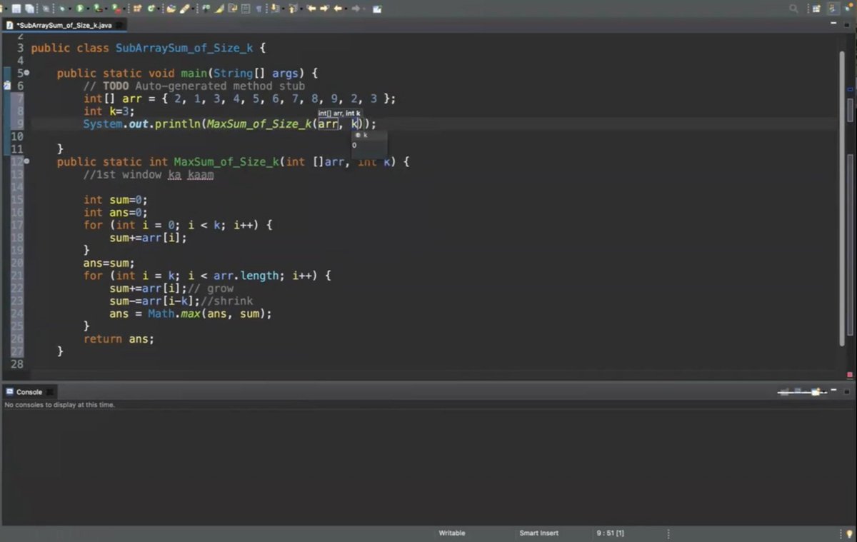 ashim_03sep's tweet image. 📅 Day 18/30 – Java + DSA
🔍 Cracked: Sliding Window (Fixed Size)
→ Max sum of subarray of size k
→ Brute O(n^k)➝ Optimized O(n) with window sliding
#Day18 #SlidingWindow #JavaWithDSA #30DaysOfCode #DSAJourney
