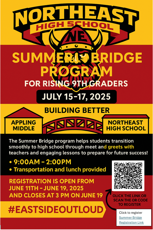 Northeast Class of 2029 don't miss out on this opportunity to get a head start on your transition to high school.  You can register by scanning the QR code or clicking on this link:  forms.office.com/r/c5uW9d49f7