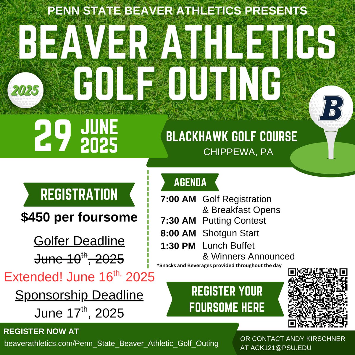 We have extended the deadline to sign your Foursome up for the Inaugural Penn State Beaver Athletics Golf Outing! Sign up online now at loom.ly/DtvYHFI! #pennstatebeaverathletics #psuac #uscaa