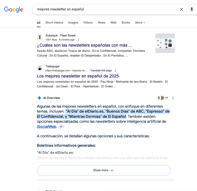seostratega's tweet photo. Llevo días viendo aparecer algunas AI Overviews en 2ª, 3ª y 4ª posición.

Por ahora se ve en un porcentaje bajo de keywords y parece simplemente un test, pero ojalá se haga más generalizado. Daría un pequeño respiro en tráfico a las webs que quedan por delante de la AIO. https://t.co/l7919XnkSm