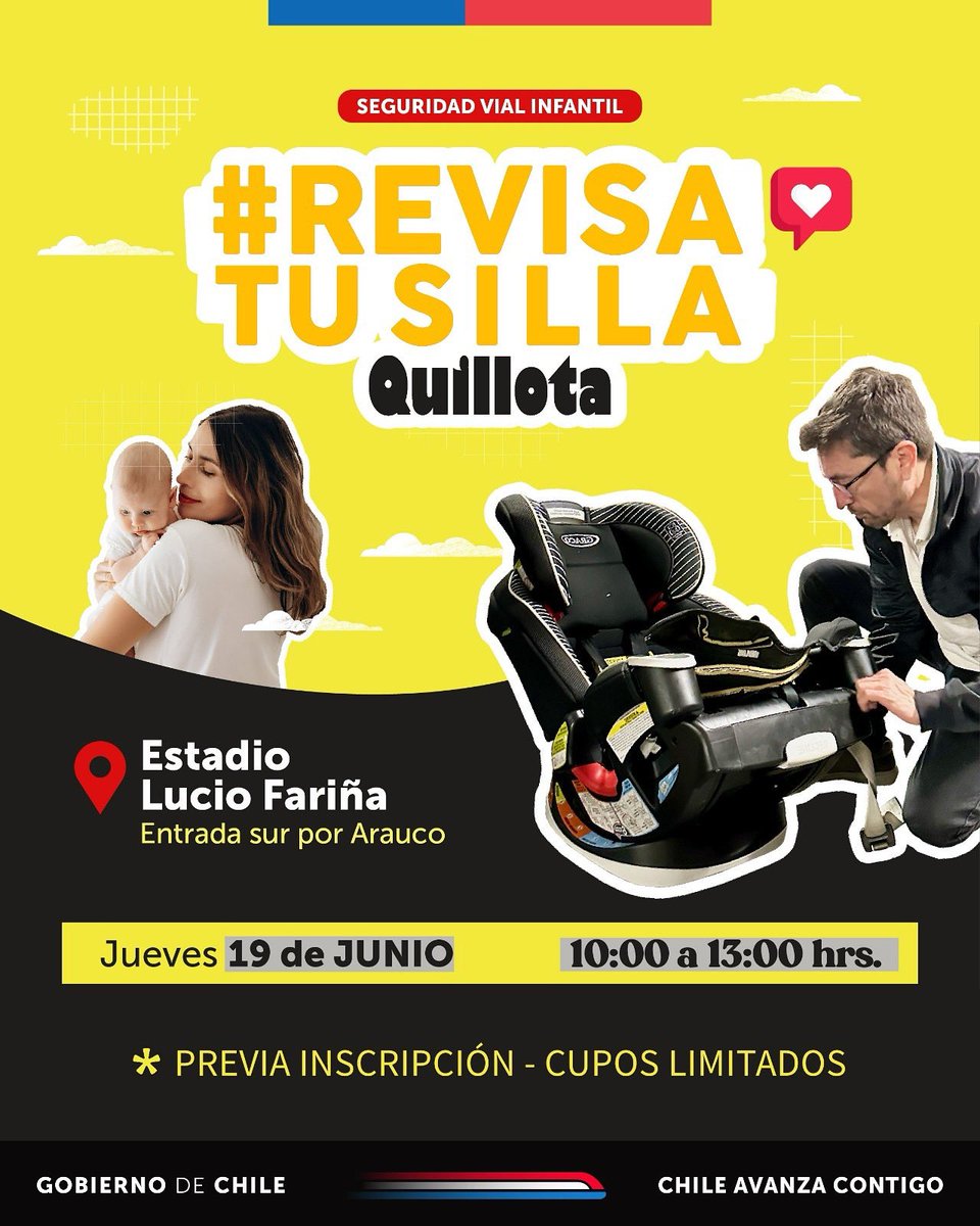 Delegación Presidencial Provincial de Quillota (@dppquillota) on Twitter photo <a href="/conaset/">Conaset - Seguridad Vial de Chile</a> estará con una nueva jornada de chequeo de sistemas de retención infantil en Quillota .
Lugar: Estadio Lucio Fariña.
Fecha: 19 de junio.
Horario: De 10:00 a 13:00 hrs.
Actividad gratuita.
Inscríbete previamente para asegurar tu lugar:forms.gle/nsfM9uLLJSwJmx… <a href="/conaset/">Conaset - Seguridad Vial de Chile</a> estará con una nueva jornada de chequeo de sistemas de retención infantil en Quillota .
Lugar: Estadio Lucio Fariña.
Fecha: 19 de junio.
Horario: De 10:00 a 13:00 hrs.
Actividad gratuita.
Inscríbete previamente para asegurar tu lugar:forms.gle/nsfM9uLLJSwJmx…