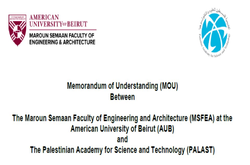 Collaboration Agreement Between <a href="/PalestineAST/">PalAST</a>  and  <a href="/MSFEA_AUB/">MSFEA</a>  at  <a href="/AUB_Lebanon/">American University of Beirut</a> 
In En  palast.ps/en/news/collab…
📌#إتفاقية_تعاون بين أكاديمية فلسطين للعلوم والتكنولوجيا  والجامعة الأمريكية في بيروت
In Ar facebook.com/PalestineAcade…

#PhD #faculty_visit #joint_research
