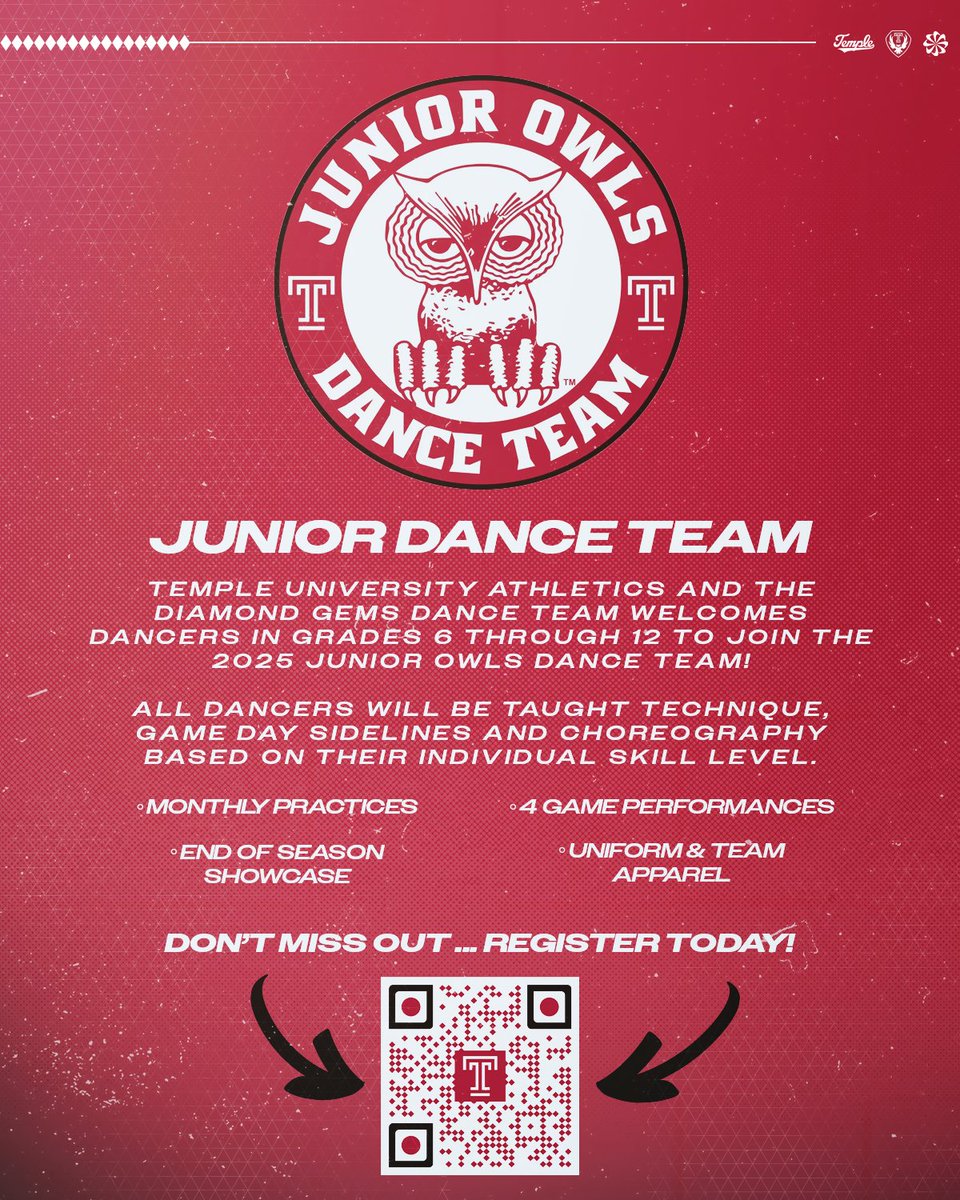 🚨 Attention All Dancers Grades 6-12!

Sign up today to be a part of the 2025-26 Temple Junior Owls Dance Team! 

🔗: owlsports.com/form/158

#GoOwls🦉