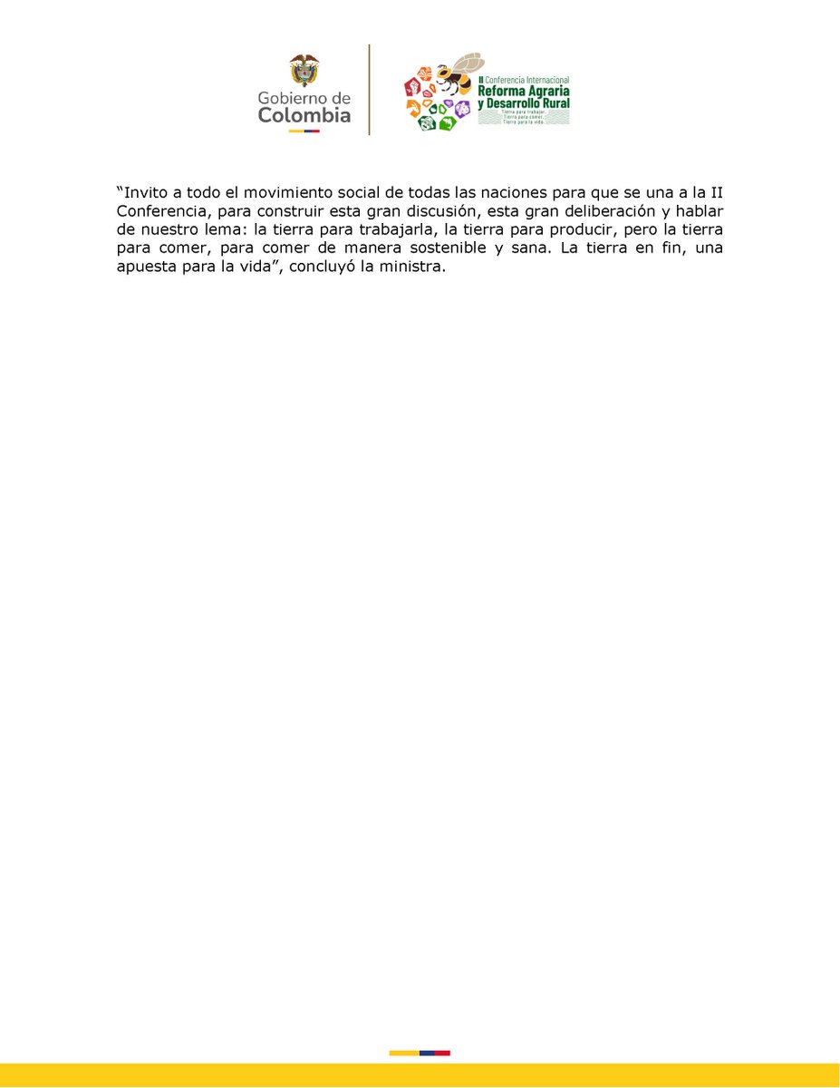 #BoletínDePrensa 🚨 | Colombia 🇨🇴 se consolida como líder global en política agraria. Este lunes se oficializó la realización de la II Conferencia Internacional de #ReformaAgraria y Desarrollo Rural 🌾+20: ¡Tierra para trabajar, tierra para comer, #TierraParaLaVida! 🌱✊🏽 Lee los