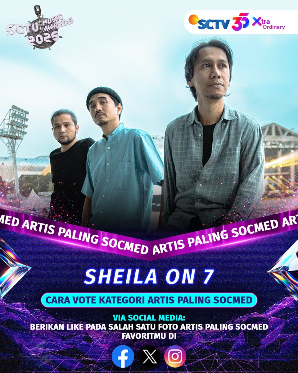 SCTV's tweet photo. Ayo dukung Sheila On 7 untuk memenangkan kategori Artis Paling Socmed di #SCTVMusicAwards2025 dengan cara follow akun SCTV dan like foto berikut ini.
Kamu bisa berikan dukungan di Facebook, Instagram dan X SCTV.
#VOTESMA #SMA2025 #SMASheilaOn7 #SCTVMusicAwards #ArtisPalingSocmed