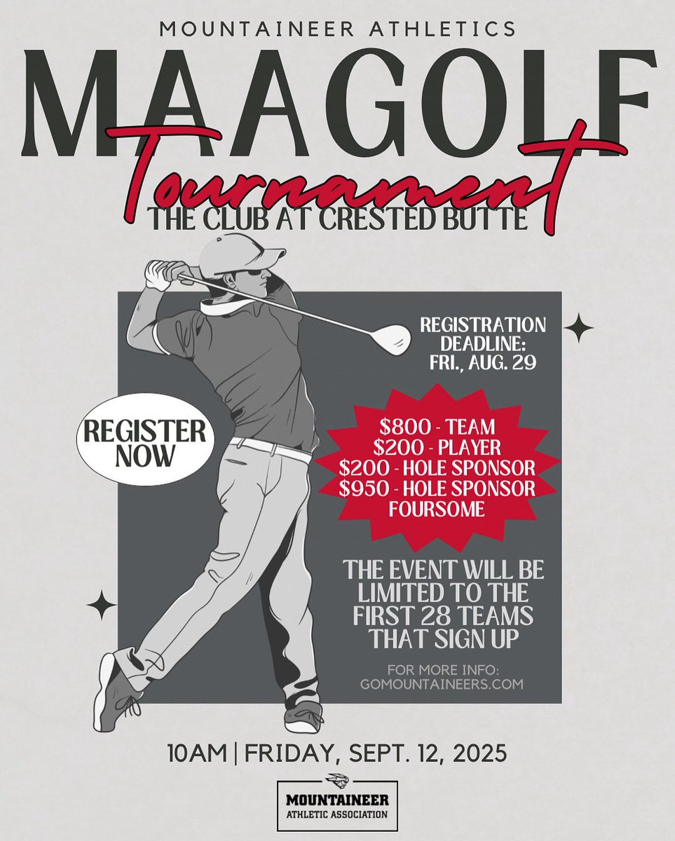 Western Colorado Mountaineers (@wcumountaineers) on Twitter photo Registration for the 2025 MAA Golf Tournament is now OPEN! The event is 10am Friday, September 12 at The Club at Crested Butte… Head to gomountaineers.com for more information ‼️⛳️
#GoMountaineers #7723ft
<a href="/MountAthAssoc/">MountaineerAthAssoc</a> Registration for the 2025 MAA Golf Tournament is now OPEN! The event is 10am Friday, September 12 at The Club at Crested Butte… Head to gomountaineers.com for more information ‼️⛳️
#GoMountaineers #7723ft
<a href="/MountAthAssoc/">MountaineerAthAssoc</a>