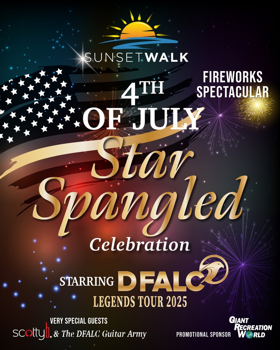 The most electric 4th of July party in Central Florida is almost here!

Don’t miss the Star Spangled Celebration at Promenade at Sunset Walk:
🎆 Fireworks at 10 PM
🎤 Live music, lights, giveaways &amp; more
🎟️ FREE admission &amp; FREE parking

Bring your crew. Let’s light up the night.