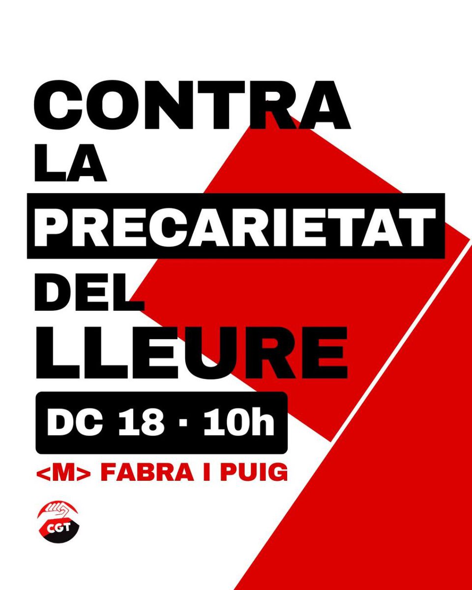CGT Ensenyament 🚩🏴 (@cgtensenyament) on Twitter photo 🔴⚫️VAGA INDEFINIDA A LA FLOR DE MAIG‼️
✊️La secció sindical CGT AESA Sant Andreu <a href="/AESantAndreu/">AE Sant Andreu</a> en lluita contra la retallada de jornada i del 20% del sou
➡️Concentració contra la precarietat al Lleure
🗓Dimecres 18 de Juny
🕙10.00 hores
📍Metro Fabra i Puig 🚉 L1 Barcelona 🔴⚫️VAGA INDEFINIDA A LA FLOR DE MAIG‼️
✊️La secció sindical CGT AESA Sant Andreu <a href="/AESantAndreu/">AE Sant Andreu</a> en lluita contra la retallada de jornada i del 20% del sou
➡️Concentració contra la precarietat al Lleure
🗓Dimecres 18 de Juny
🕙10.00 hores
📍Metro Fabra i Puig 🚉 L1 Barcelona