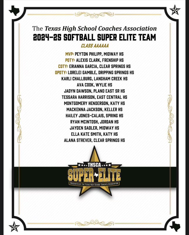 Super blessed to named 6A 24-25 THSCA Super Elite Team. Couldn’t have done it without <a href="/JHS_WarriorSB/">Jordan High School Softball</a> 🖤💛