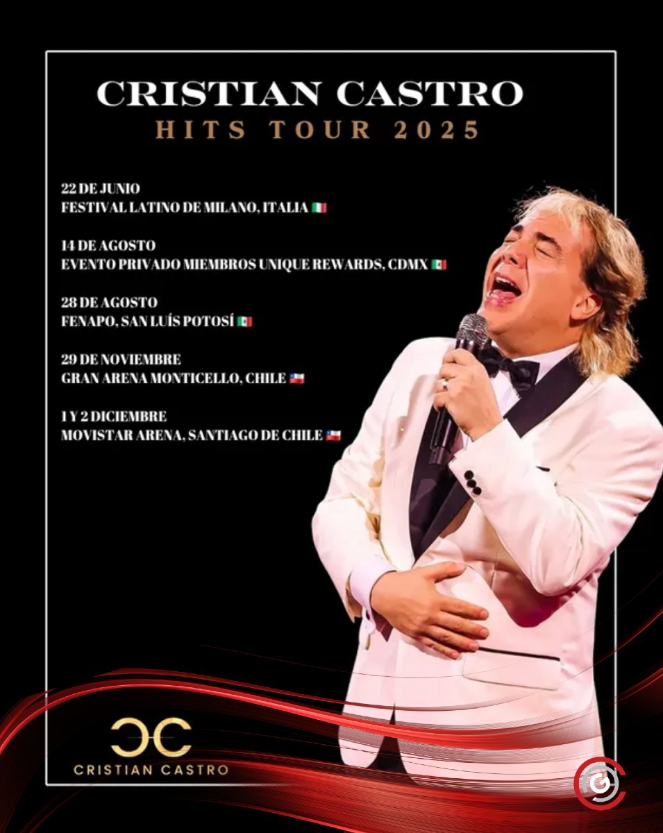 Les compartimos las fechas de presentaciones confirmadas hasta el momento

Conforme se vayan agregando más fechas, les iremos notificando. ¡Estén atentos! 🎤📅

#CristianCastro #Conciertos #Música #Fans