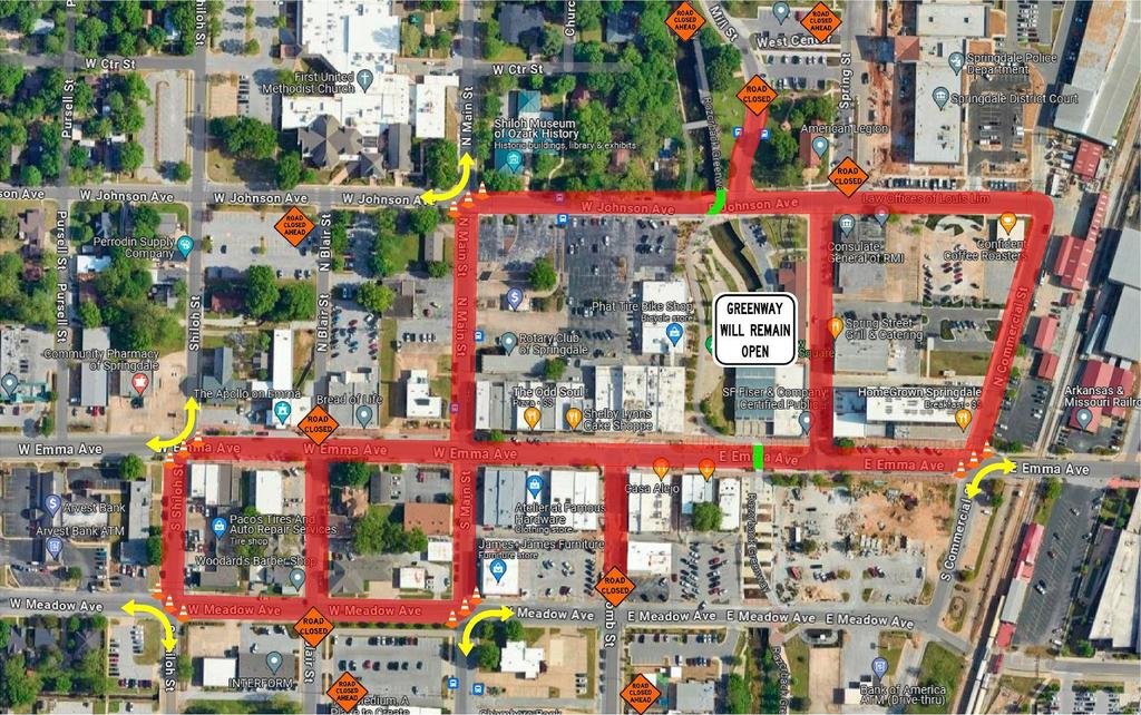 Road Closure Wednesday 6/18/25 downtown will be shut down again for the CRIT race. A closure on Emma St from Holcomb to Spring will begin at 12:00pm followed by the full closure attached starting at 3:30-4:00. Please see map for details.