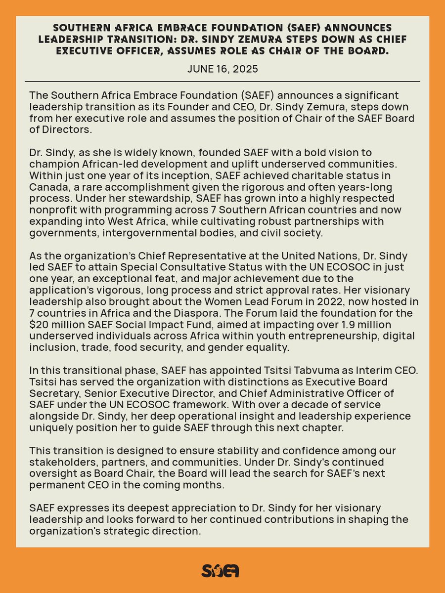 sae_foundation's tweet photo. After 15 years of visionary leadership, Dr. Sindy Zemura-Bernard steps down as CEO of SAEF and assumes the role of Chair of the Board. Tsitsi Tabvuma, long-time Senior Director, steps in as Interim CEO. A new chapter begins rooted in legacy, ready for the future. #SAEF https://t.co/3bLcRpESjv