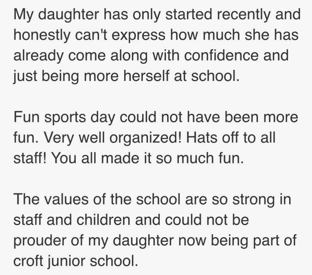 Always appreciated when parents take time to send in positive feedback. #CroftJSValues #CroftJSGratitude