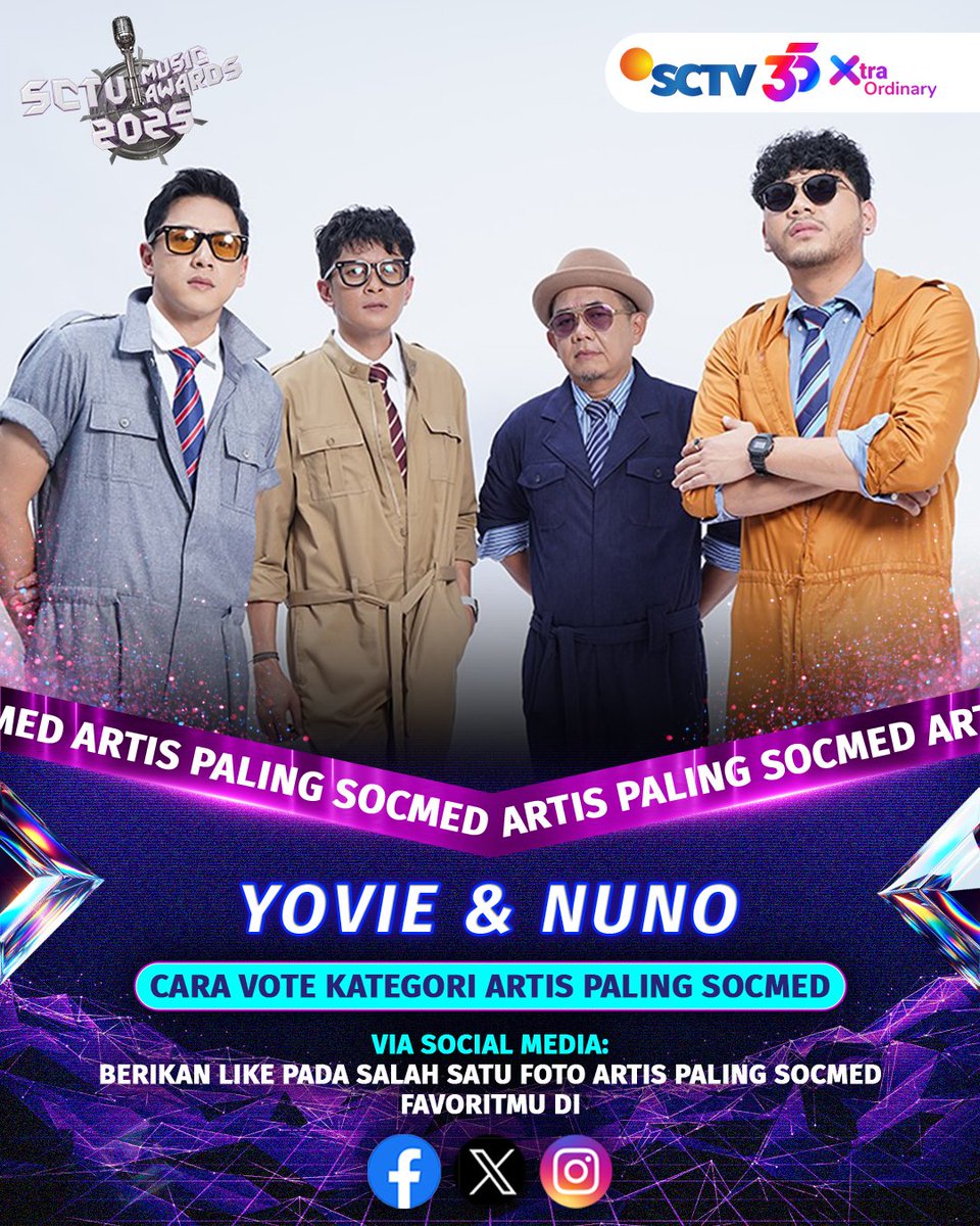 SCTV's tweet photo. Ayo dukung Yovie & Nuno untuk memenangkan kategori Artis Paling Socmed di #SCTVMusicAwards2025 dengan cara follow akun SCTV dan like foto berikut ini.
Kamu bisa berikan dukungan di Facebook, Instagram dan X SCTV.
#VOTESMA #SMA2025 #SMAYovieAndNuno #SCTVMusicAwards #ArtisPalingSocmed
