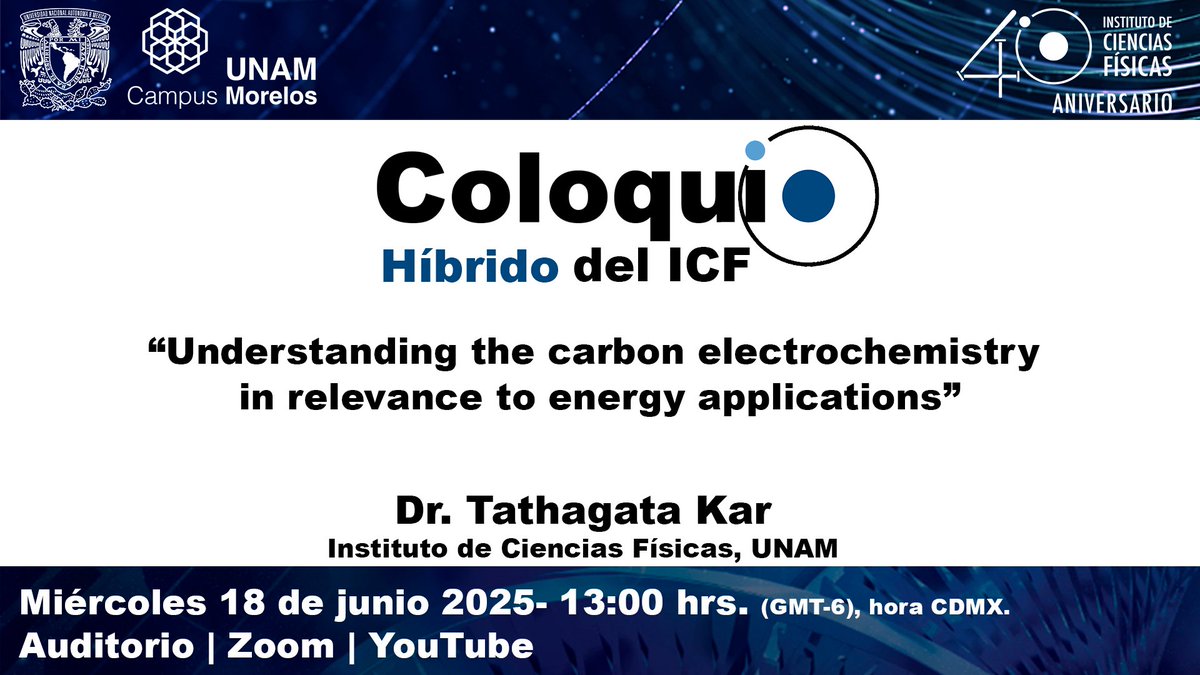 El Dr. Tathagata Kar, investigador de nuestro instituto presenta: “Understanding the carbon electrochemistry in relevance to energy applications” en el Coloquio de esta semana.

Resumen: fis.unam.mx/coloquios/737

#UNAM #UNAMMorelos #Cuernavaca