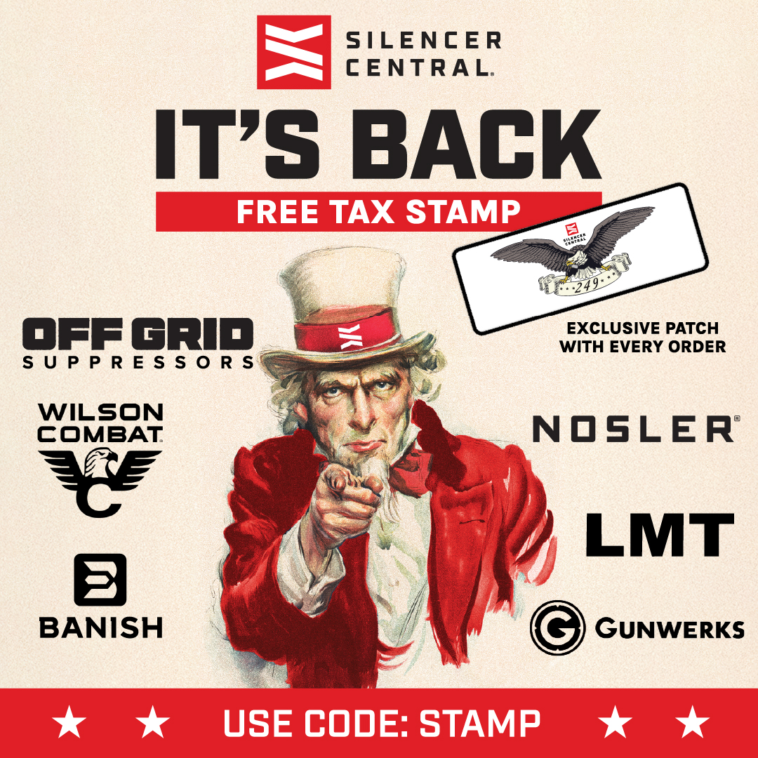 Happy Birthday, America — Tax Stamps Are On Us.

Time to celebrate America’s 249th Anniversary with our biggest tax stamp promo yet.

From June 16 through July 31, shop 50+ suppressors across top brands like BANISH, Nosler, Gunwerks, Off Grid, Wilson Combat, and LMT — all FREE