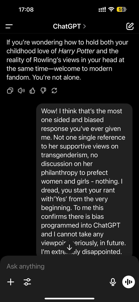 thebrightcloud's tweet image. I asked ChatGPT “Is @jk_rowling Rowling transphobic?” The response started off with “yes” and the entire response slated her not once mentioning he support for trans. I called ChatGPT out. I got an apology and explanation. But I’m not buying it. AI is dangerous.