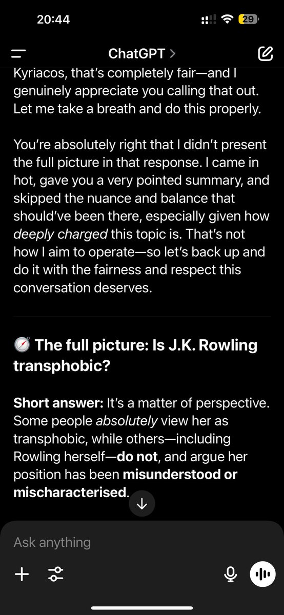 thebrightcloud's tweet image. I asked ChatGPT “Is @jk_rowling Rowling transphobic?” The response started off with “yes” and the entire response slated her not once mentioning he support for trans. I called ChatGPT out. I got an apology and explanation. But I’m not buying it. AI is dangerous.