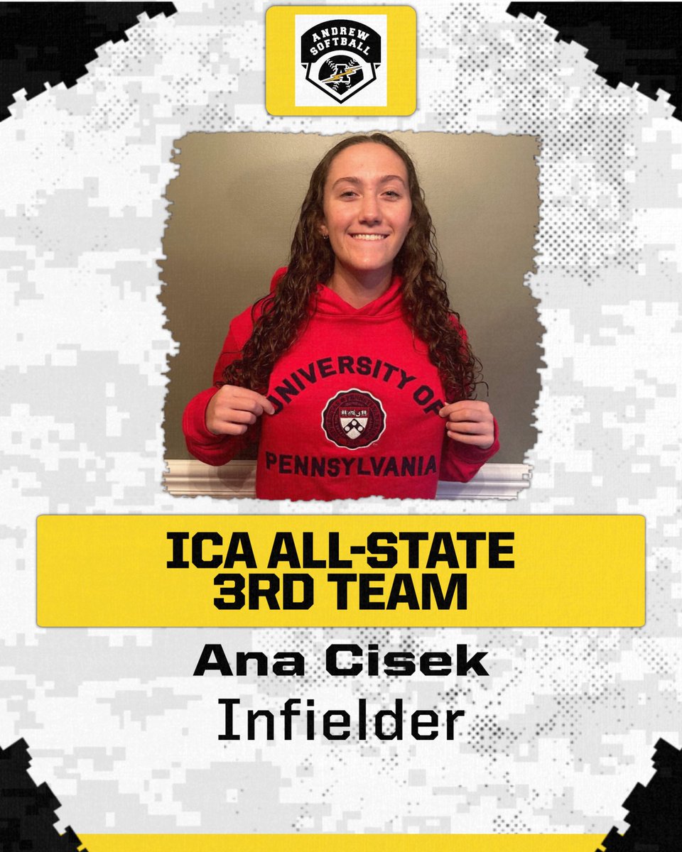 Andrew Athletics (@vjabolts) on Twitter photo Congratulations to Ana Cisek of <a href="/AndrewSoftball/">Andrew Softball</a> Class of 2026
3rd Team All State
Ana will be a senior next year for the Thunderbolts and has committed to play softball at Penn Congratulations to Ana Cisek of <a href="/AndrewSoftball/">Andrew Softball</a> Class of 2026
3rd Team All State
Ana will be a senior next year for the Thunderbolts and has committed to play softball at Penn