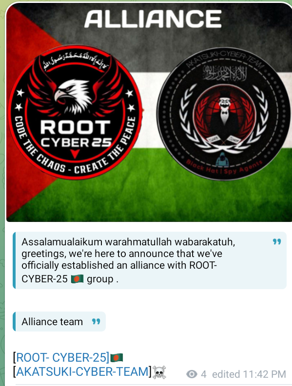SkBoss484479's tweet photo. Assalamualaikum warahmatullah wabarakatuh, greetings, we're here to announce that we've officially established an alliance with ROOT- CYBER-25 🇧🇩 group .
           
Alliance team 

[ROOT- CYBER-25]🇧🇩
[AKATSUKI-CYBER-TEAM]☠️ https://t.co/Yoc4PaU04E