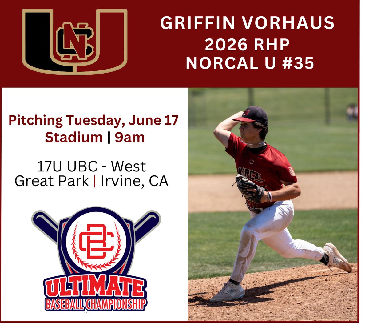 Griffin Vorhaus (@griffinvorhaus) on Twitter photo Excited to compete with my <a href="/NorCalU1/">NorCalU</a> teammates this week at <a href="/California_PG/">Perfect Game California</a> UBC-West. I'll be pitching during gm2 of pool play on Tuesday at 9a at the Stadium.
<a href="/NorCalBaseball/">Tony Crivello</a> Excited to compete with my <a href="/NorCalU1/">NorCalU</a> teammates this week at <a href="/California_PG/">Perfect Game California</a> UBC-West. I'll be pitching during gm2 of pool play on Tuesday at 9a at the Stadium.
<a href="/NorCalBaseball/">Tony Crivello</a>