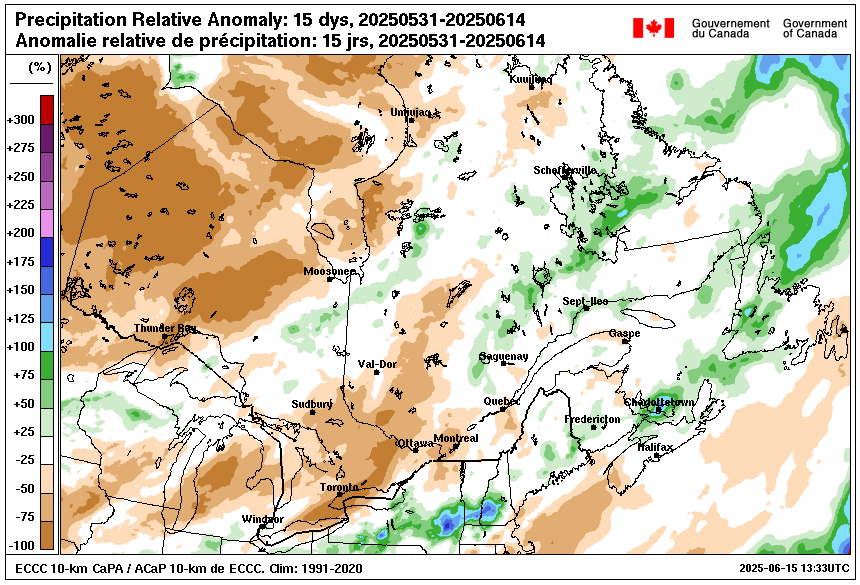 During the first half of June, the rainfall amounts received were below normal for western, southern, central and some areas of eastern Quebec. On the other hand, from Lac-Saint-Jean to Labrador, rainfall was heavier than normal.  #QCstorm
