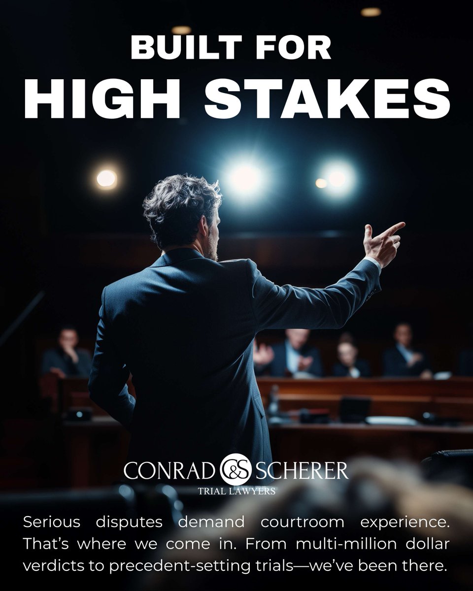 Not every case settles. At Conrad &amp; Scherer, we won the largest jury verdict of its kind in Florida history. From commercial disputes to fraud and construction claims—we’re built for the courtroom.

ow.ly/9kW950WahAn

#TrialLawyers #LitigationMatters #ConradScherer