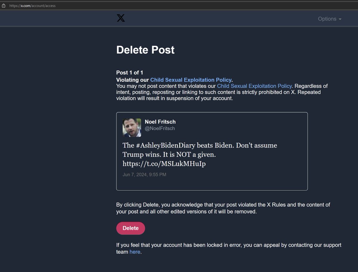 .<a href="/elonmusk/">Elon Musk</a>  - You seem to care about child abuse. 

Our publisher <a href="/NoelFritsch/">Noel Fritsch</a> published the Ashley Biden Diary.

For ONE YEAR, Fritsch has been unable to post on X unless he clicks the "delete" button &amp; admits that he violated X's "Child Sexual Exploitation" policy.

He wants to