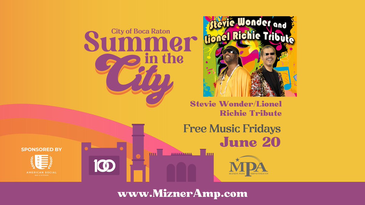 FREE concert this Friday! Summer in the City continues with a Stevie Wonder/Lionel Richie tribute you won’t want to miss.
📍 Mizner Park Amphitheater
🕖 Doors 7PM | Show 8PM
🚶‍♀️ Walk, bike, or carpool
🅿️ Free parking at City Hall &amp; Library
🍔 Food &amp; drinks available inside
💺