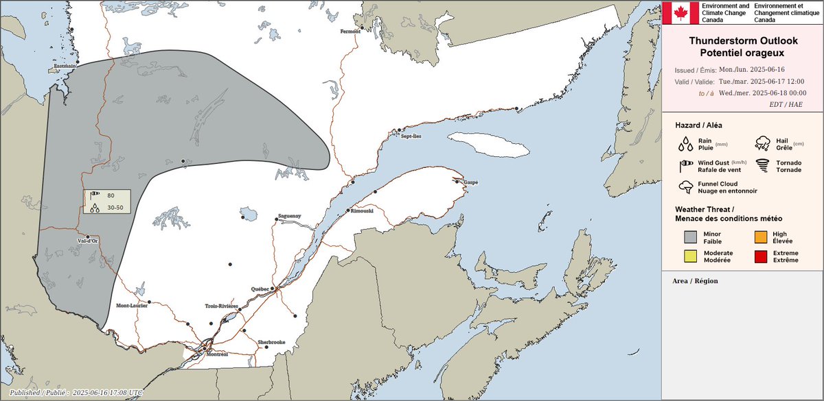 Thunderstorm outlooks for Quebec valid tonight and tomorrow, Tuesday June 17.

Any report of damage can be sent to Environment and Climate Change Canada using #QCstorm or by emailing QCstorm@ec.gc.ca.
