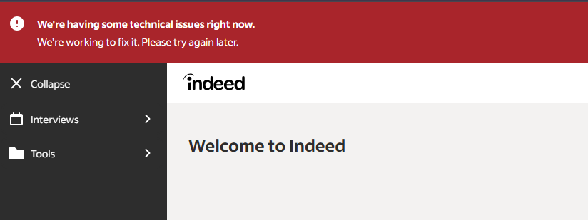 Marci_CGT's tweet photo. @indeed @IndeedSupport  It's been down for about 10 minutes or so.  Hope you're working on this ASAP! 😣 https://t.co/jfOb7bsCiV