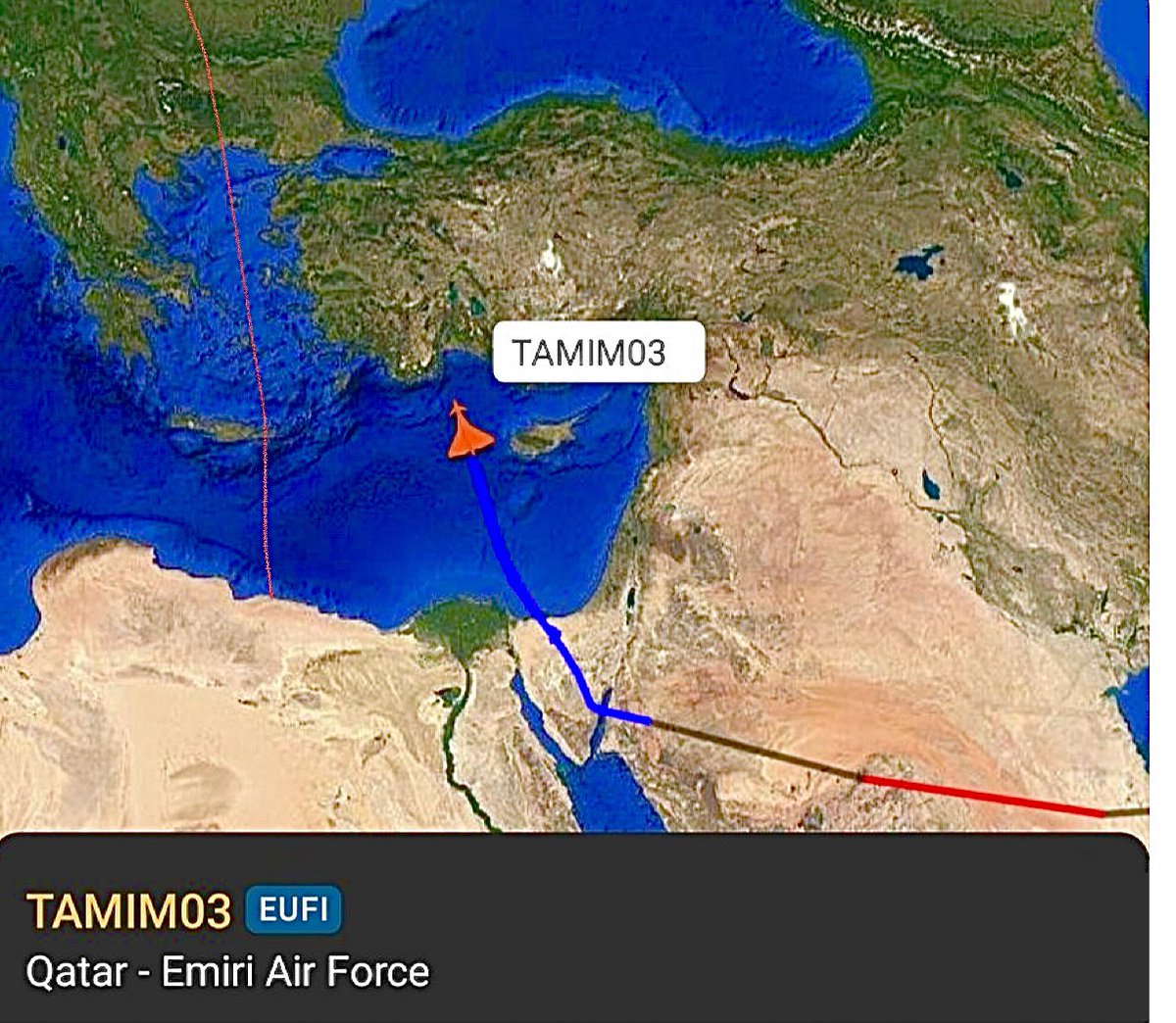 Katar Emiri Hava Kuvvetleri Eurofighter Typhoon'u - çağrı işareti TAMIM03 - yaklaşık 5 saat önce İran'daki Assaluyeh Havaalanı'ndan ayrıldıktan sonra doğu Akdeniz üzerinde uçarken görüldü.

Jetler, muhtemelen bir VIP, diplomatik personel veya istihbarat yetkilisi taşıyan yüksek