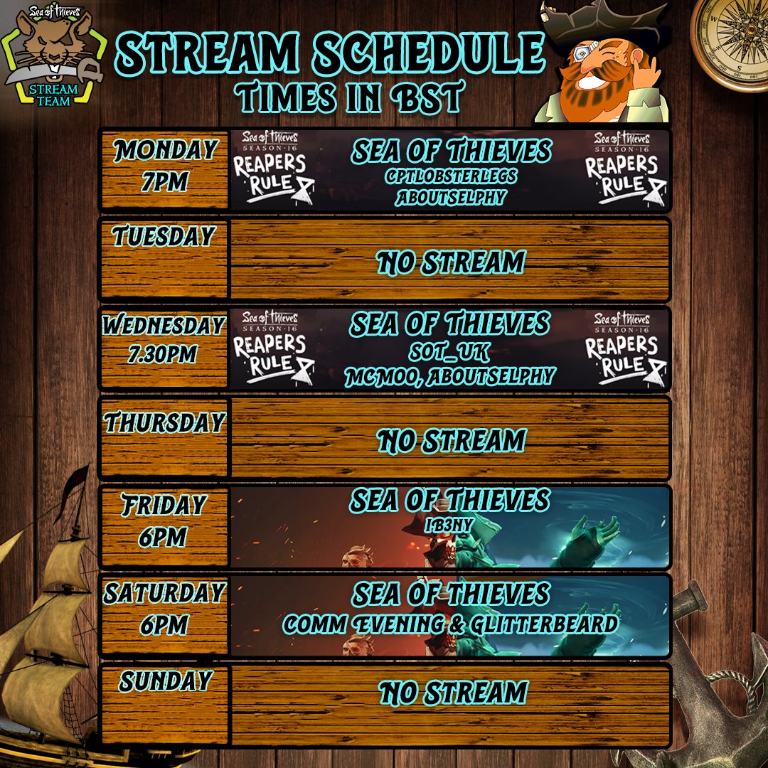 This week's stream schedule is up!

Got some awesome sails with <a href="/SeaofThievesUK1/">Sea of Thieves UK 🇬🇧</a> , <a href="/cptlobsterlegs/">Captain Lobster Legs 🦞🦜</a>, <a href="/AboutSelphy/">AboutSelphy</a>  &amp; <a href="/IB3nyTv/">Beny #SotFestV</a>!

We're carrying on with our Lord Guardian Sails giveaway!

Plus our Community Evening is at 6pm UK time on Saturday!