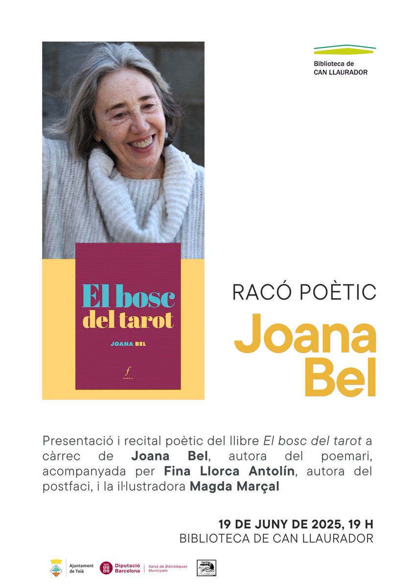Racó Poètic a la biblioteca de #Teià amb 𝐉𝐨𝐚𝐧𝐚 𝐁𝐞𝐥! 
🗓️ 19 de juny, 19 h
La poeta recitarà el poemari 'El bosc del tarot', acompanyada de Fina Llorca Antolín, autora del postfaci, i la il·lustradora Magda Marçal
Una vetllada plena de poesia i art que us encantarà!
🌿📖✨