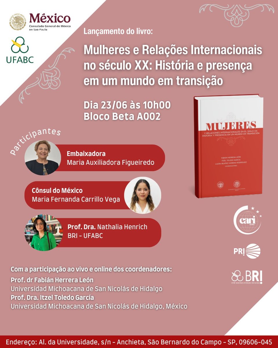El 23 de junio presentará el libro "Mujeres y Relaciones Internacionales en el siglo XX: historia y presencia en un mundo en transición" con la Emb. María Auxiliadora Figuereido, la Cónsul <a href="/fercarrillo_/">fernanda carrillo</a>  y la profesora Nathalia Heinrich en la <a href="/ufabc/">UFABC</a> 

#politicaexteriorfeminista
