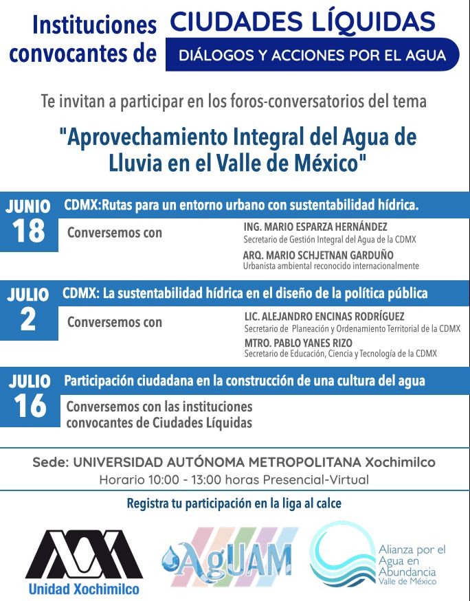 El miércoles Mario Schjetnan estará conversando con otros expertos en el tema de "Aprovechamiento Integral del Agua de Lluvia en el Valle de México" en la UAM Xochimilco, les estaremos compartiendo el link para que puedan conocer más de este tema tan importante.