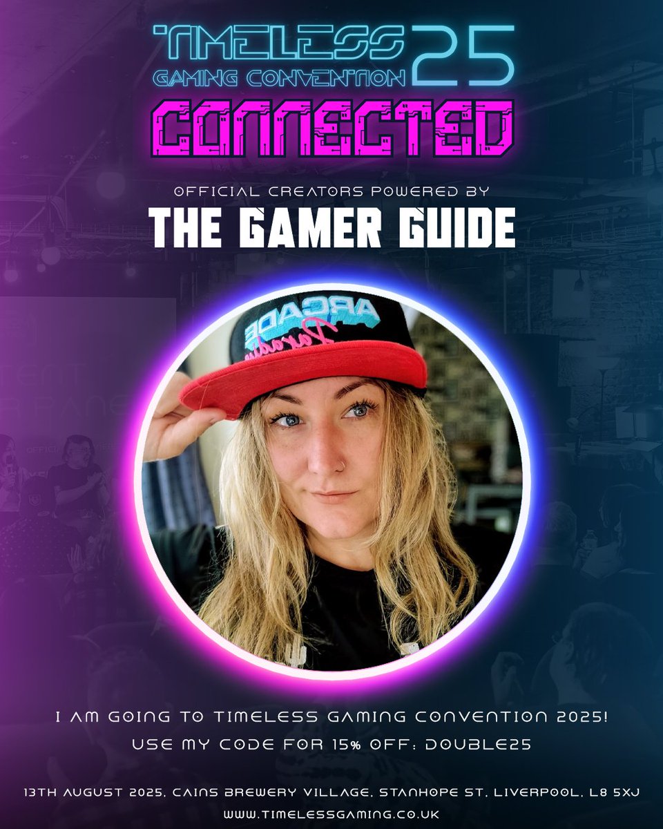 Buzzing to announce I'll be attending <a href="/TimelessGC/">TimelessGamingCon</a> on the 13th of August in Liverpool!
If you're thinking of attending use my Creator Link for 15%off tickets: timelessgaming.co.uk/discount/doubl…

I'm super excited to meet old and new friends! 💜
#TimelessGC25 <a href="/TheGamerGuide_/">The Gamer Guide®</a>