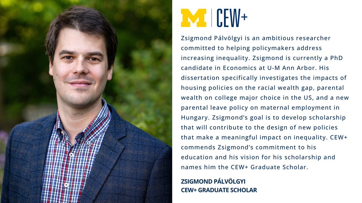 CEWatUM's tweet image. Zsigmond P谩lv枚lgyi is an Econ PhD candidate at @umichECON. His work investigates the impacts of housing policies on the racial wealth gap, parental wealth on college major choice in the US, and a new parental leave policy on maternal employment in Hungary. bit.ly/4n6oiY6