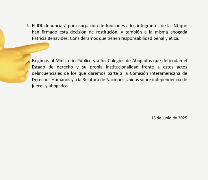 Gorriti se loquea y amenaza con que "IDL DENUNCIARÁ POR USURPACIÓN DE FUNCIONES A LA JNJ Y A PATRICIA BENAVIDES" 
Además le exigen al <a href="/CALPERUOFICIAL/">Colegio de Abogados de Lima</a> que "defienda el estado de derecho" (que inicie procesos express de cancelación de colegiatura)
Solución: Fiscales x voto popular