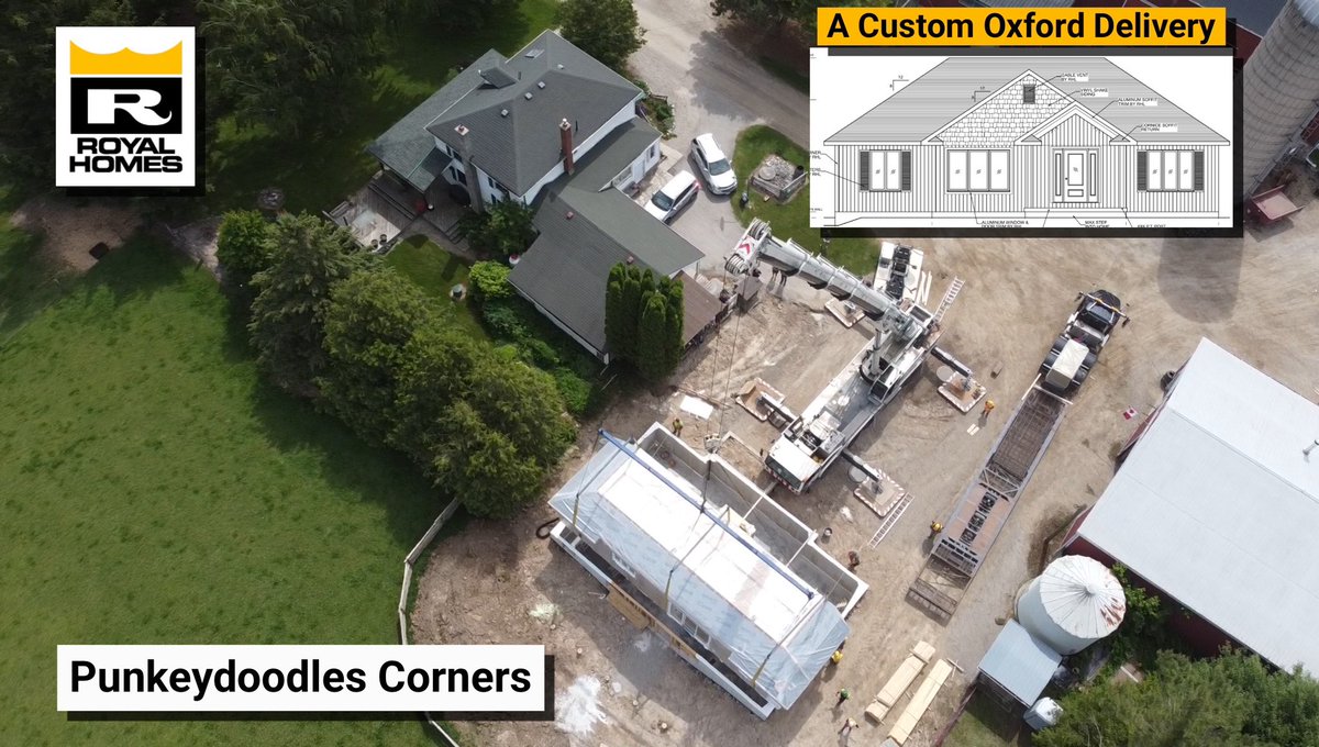 RoyalHomesCan's tweet image. Spectacular Monday in mid-June to deliver a custom Oxford for Kathy &amp;amp; Chuck &amp;amp; family!
Right beside the old farmhouse where Chuck was born. The first of 2 prefab modules floats onto a new foundation!
#prefab #since1971 #cottages #homes

1-800-265-3083

❤️🏡 royalhomes.com/locations/