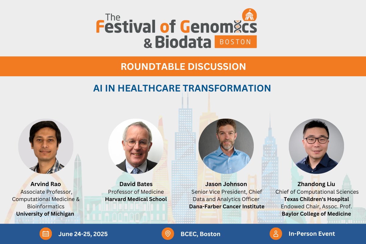 Join us at The Festival of Genomics &amp; Biodata in Boston for a powerful roundtable exploring AI in Healthcare Transformation. Hear from the experts and contribute to the conversation. Don’t miss out—register now: hubs.la/Q03rqlCj0 #FOGBoston