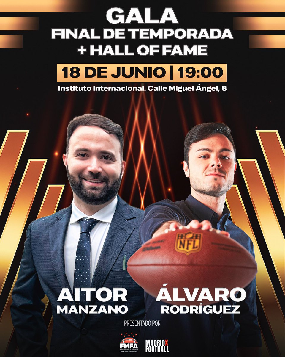 MADRIDXFOOTBALL (@madridxfootball) on Twitter photo 🎙️ ¡Presentadores confirmados!
<a href="/AitorManzano_/">Aitor Manzano</a> y <a href="/AlvaroRRY/">Álvaro Rodríguez</a>
serán los encargados de conducir la Gala de Fin de Temporada + Hall of Fame de la FMFA 📷 18 de junio – 19:00h 📷 Instituto Internacional 📷@flagcornerspain#MadridFootball 🎙️ ¡Presentadores confirmados!
<a href="/AitorManzano_/">Aitor Manzano</a> y <a href="/AlvaroRRY/">Álvaro Rodríguez</a>
serán los encargados de conducir la Gala de Fin de Temporada + Hall of Fame de la FMFA 📷 18 de junio – 19:00h 📷 Instituto Internacional 📷@flagcornerspain#MadridFootball