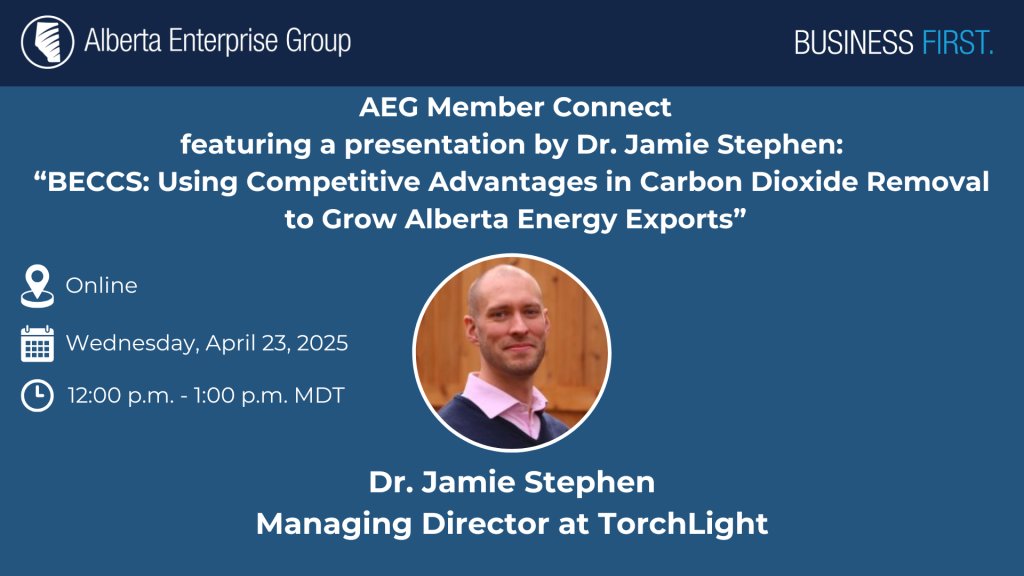 At the Alberta Enterprise Group, we host a a guest speaker on our Member Connect calls each month. In April Dr Jamie Stephen joined us to talk about "Using Competitive Advantages in Carbon Dioxide Removal to Grow Alberta Energy Exports". albertaenterprisegroup.com/2025/04/23/aeg…