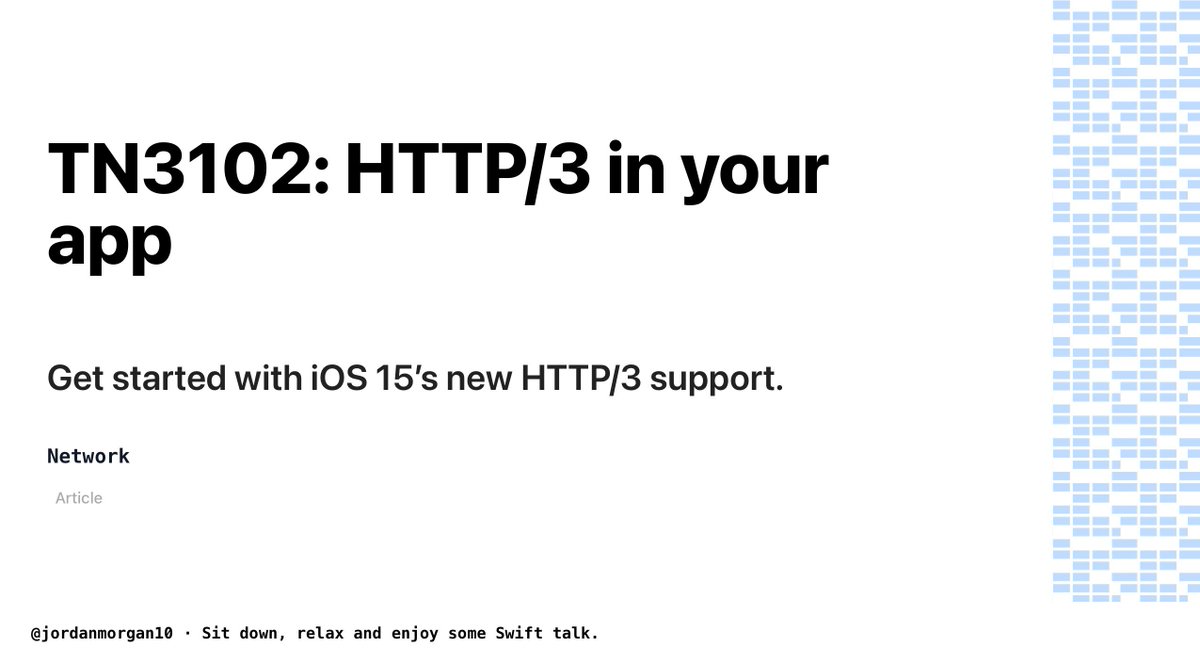 📝Today's technical article is from the Network framework 📝

TN3102: HTTP/3 in your app:
Get started with iOS 15’s new HTTP/3 support.

👉developer.apple.com/documentation/…