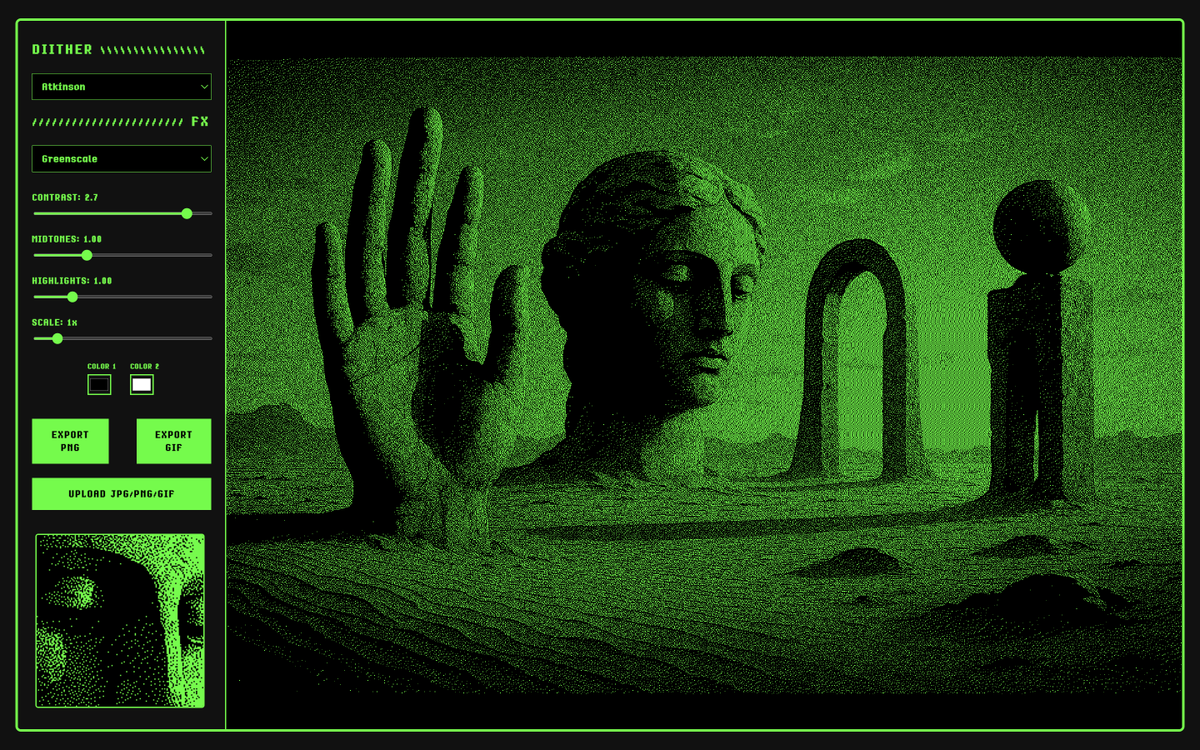 made a free app for dithering images and gifs  ⚡ 🟩 👁️

link below ⛓️