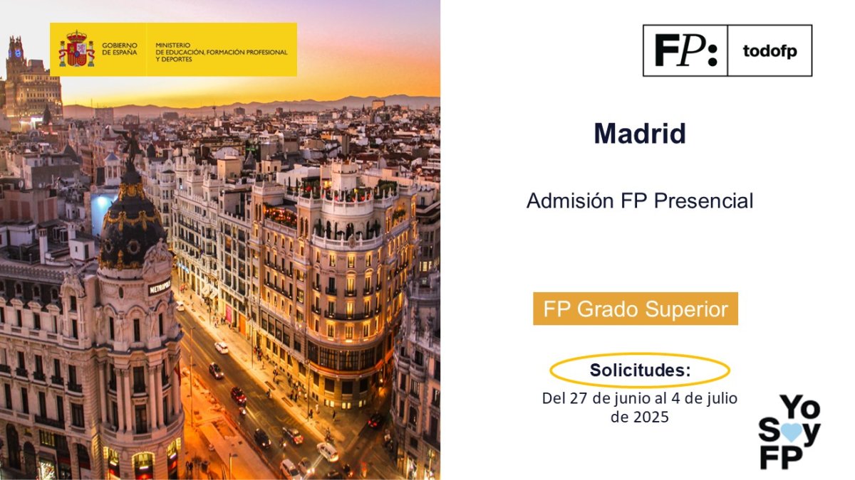 📢 #FPMadrid. Admisión FP Presencial. Grado Superior. #TodoFP #YoSoyFP
🔴 Inscripciones: Del 27 de junio al 4 de julio de 2025
🔎 comunidad.madrid/sites/default/…