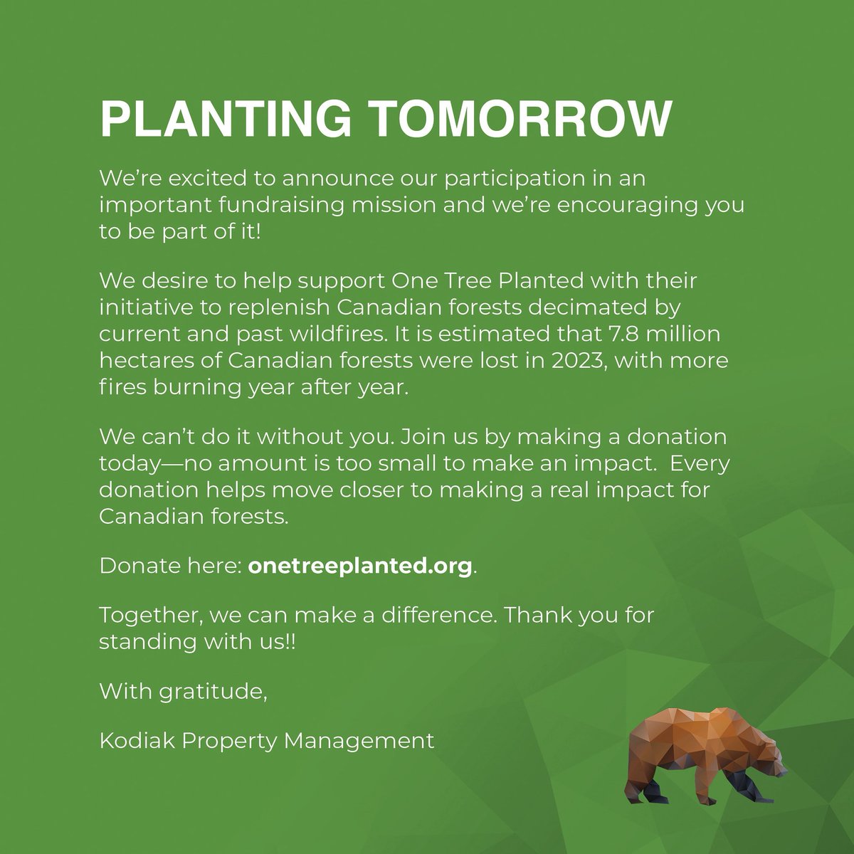 With wildfires raging across Canada and impacting Saskatchewan heavily, Kodiak is looking to give back and urging you to do the same!
Visit onetreeplanted.org or <a href="/onetreeplanted/">One Tree Planted</a> today to help replenish our beautiful Canadian forests.
Saskatchewan Strong! 🇨🇦